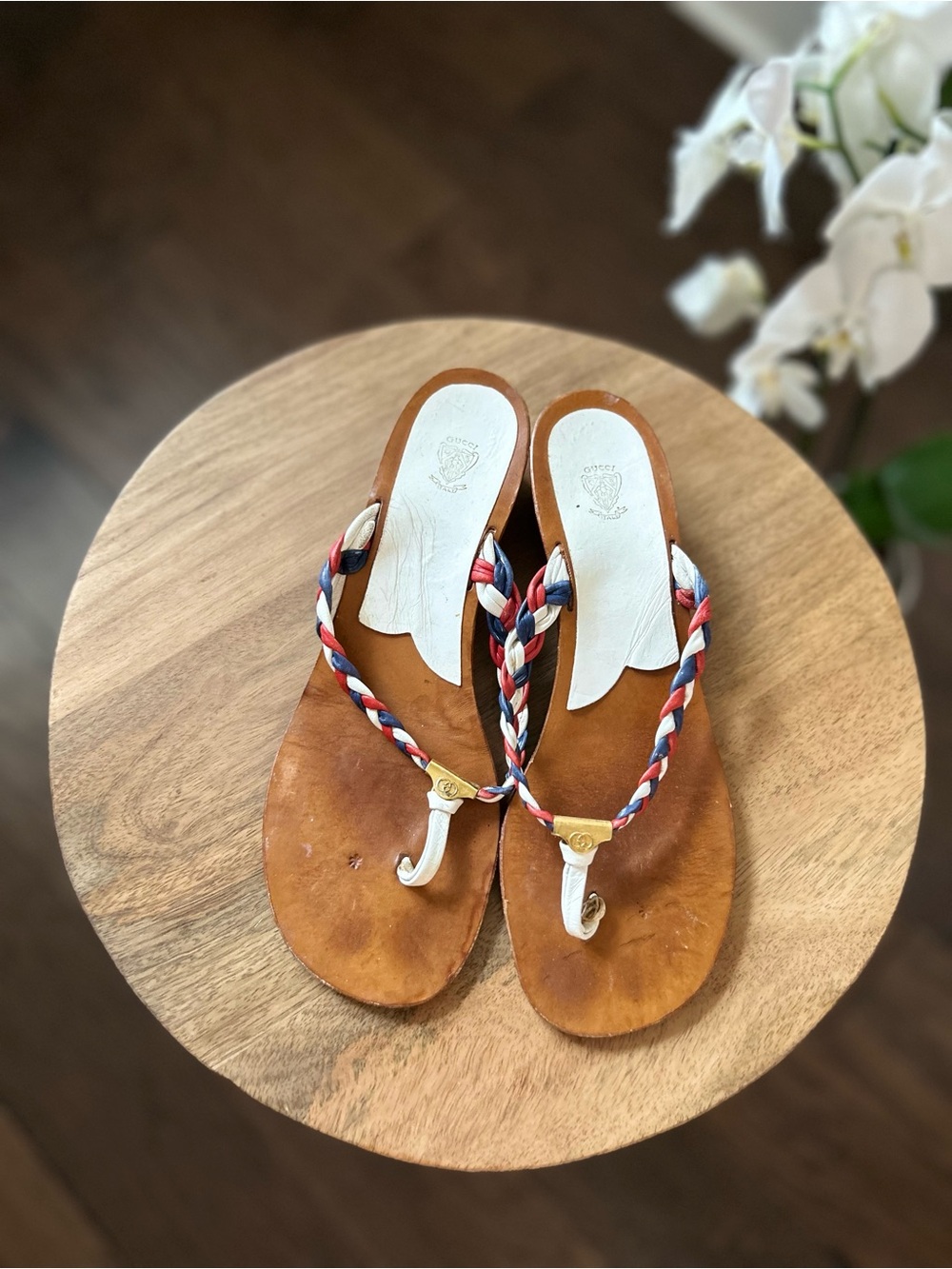 Gucci Brown Leather Sandals with Red, White & Blue Braided Straps